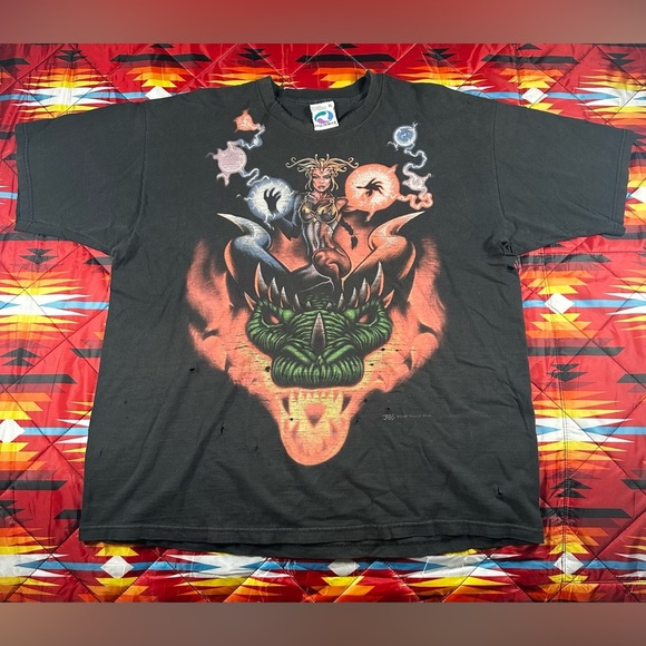 Vintage 90s Liquid Blue Dragon Priestess Sorceress Shirt White Tag XL Distressed